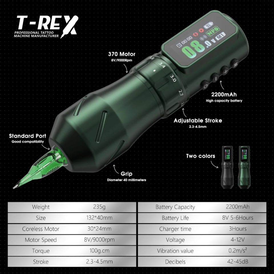TREX F150 2200mAh 2.3-4.5mm Ayarlanabilir İğne Boyu Profesyonel Kablosuz Dövme Makinesi