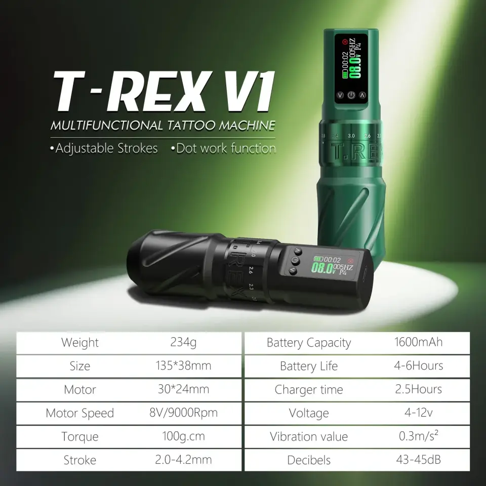 TREX V1 1600mAh 2.0-4.2mm Ayarlanabilir İğne Boyu Profesyonel Kablosuz Dövme Makinesi
