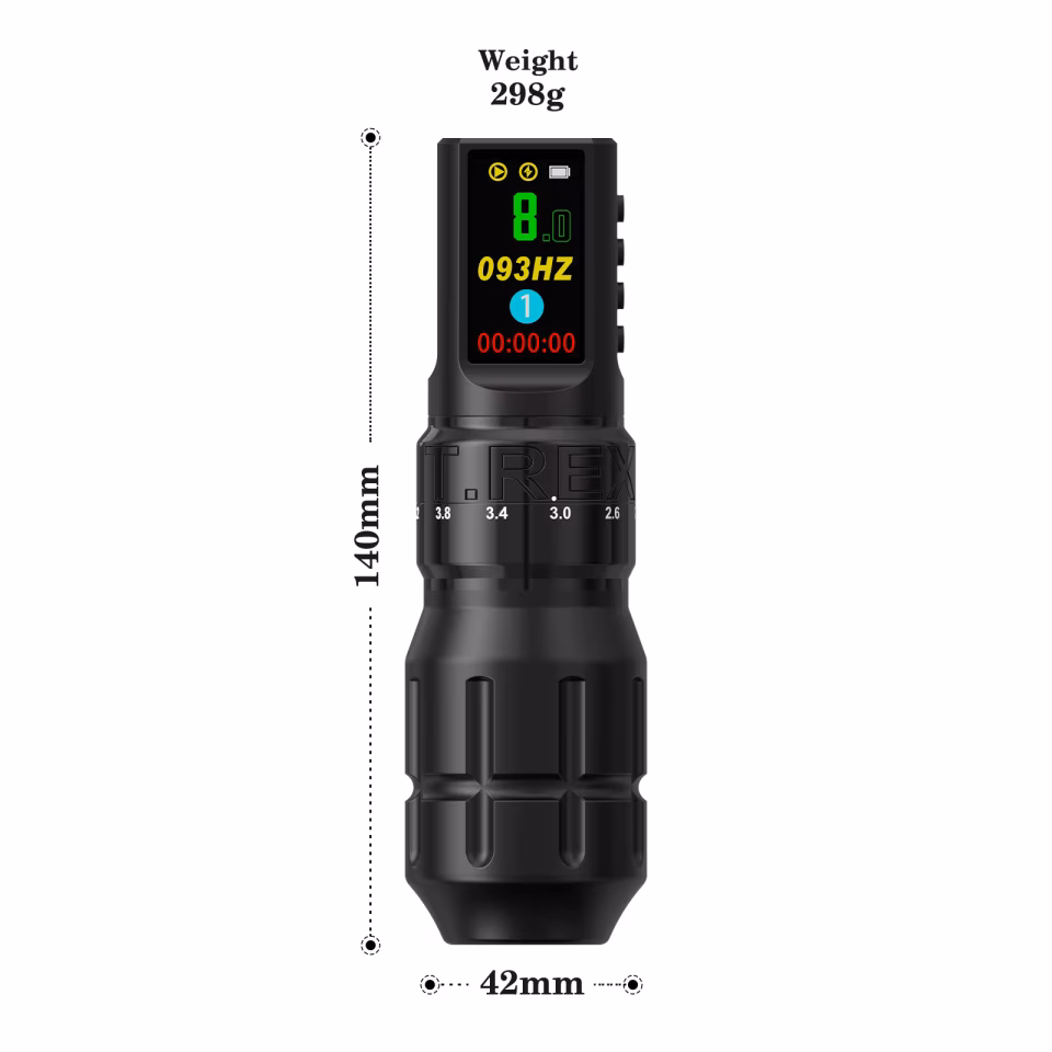 TREX ANKY Kablosuz Dövme Makinesi Pen – 1800 mAh Pil, 6 Kademeli Ayarlanabilir Stroke (2.3 mm - 4.2 mm), Fırçasız / Coreless Güçlü Motor ve LCD Ekranlı Dövme Kalemi