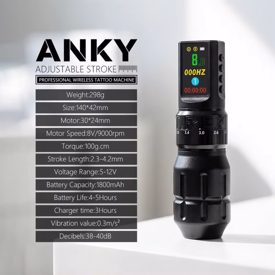 TREX ANKY Kablosuz Dövme Makinesi Pen – 1800 mAh Pil, 6 Kademeli Ayarlanabilir Stroke (2.3 mm - 4.2 mm), Fırçasız / Coreless Güçlü Motor ve LCD Ekranlı Dövme Kalemi