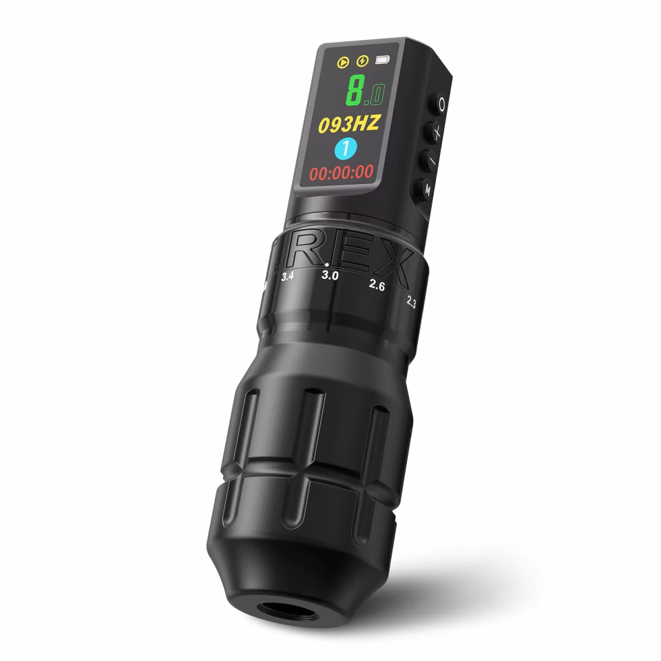 TREX ANKY Kablosuz Dövme Makinesi Pen – 1800 mAh Pil, 6 Kademeli Ayarlanabilir Stroke (2.3 mm - 4.2 mm), Fırçasız / Coreless Güçlü Motor ve LCD Ekranlı Dövme Kalemi