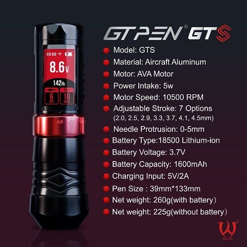 AVA GTS Ayarlanabilir Vuruşlu Kablosuz Dövme Makinesi(2.0 - 4.5 mm / Bluetooth Pedallı)
